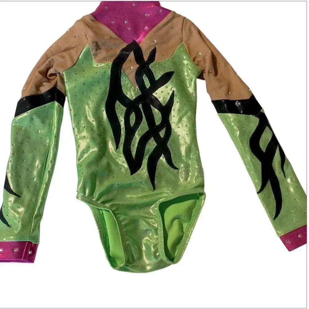 Ozone gymnastics green competition long sleeve custom leotard rhinestone YXS